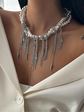 Pearl Fringe Statement Necklace Silver Chain Tassel Choker